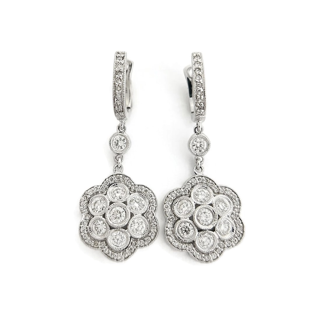 CLUSTER BEZEL DIAMOND FLOWER DANGLE DROP EARRINGS: Cluster Bezel Diamond Flower Dangle Drop Earrings Brand: Unbranded Type/Style: Earrings Material: 14K White Gold, Main Stone Natural Color: Silver Size: Length: 1.5 inches Width: 14.6 mm Accessori
