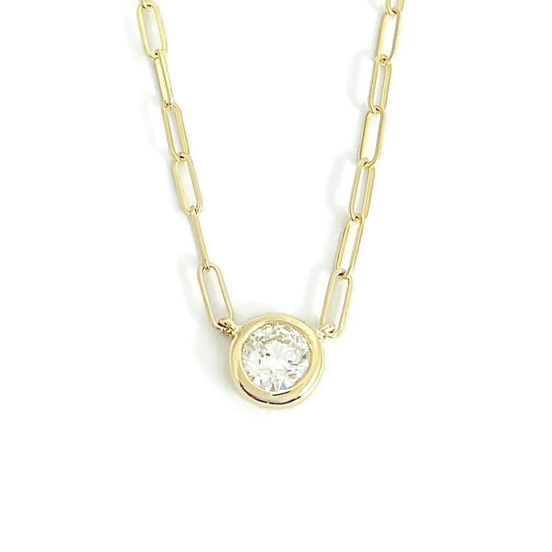 ROUND BEZEL SOLITAIRE DIAMOND NECKLACE 14K YELLOW GOLD: Round Bezel Solitaire Diamond Necklace 14K Yellow Gold Brand: Salvatore & Co. Type/Style: Necklace Material: 14K Yellow Gold, Main Stone Natural Color: Gold Size: Length: 18 inches Pendant: 8 mm wide 