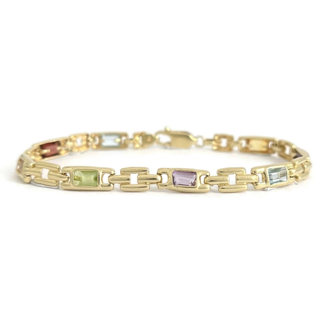 ESTATE EMERALD CUT MULTICOLORED GEMSTONE BRACELET 14K YELLOW GOLD: Estate Emerald Cut Multicolored Gemstone Bracelet 14K Yellow Gold Brand: Estate Type/Style: Bracelet Material: 14K Yellow Gold, Color: Multicolor Size: Length: 7.75 inches Width: 5.5 mm Accessorie