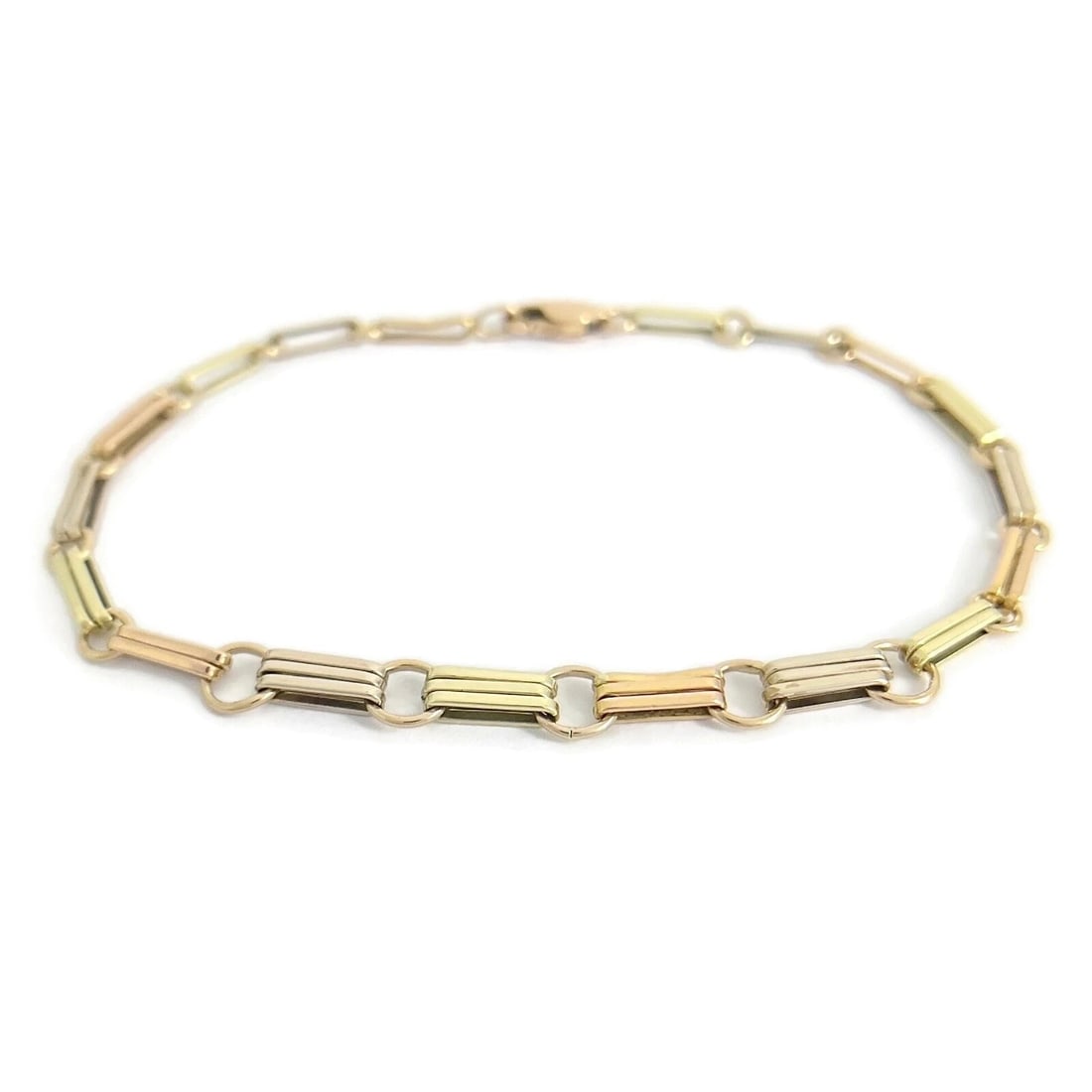 TRI-COLOR CHAIN LINK BRACELET 14K YELLOW ROSE WHITE GOLD: Tri-Color Chain Link Bracelet 14K Yellow Rose White Gold Brand: Unbranded Type/Style: Bracelet Material: 14K Yellow Rose White Gold, Color: Gold Size: Length: 7.75 inches Width: 5.6 mm Accessories