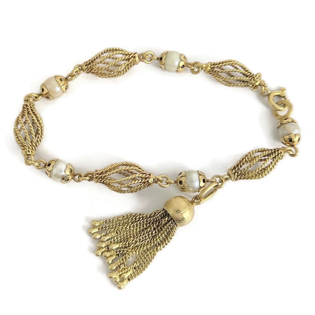 PEARL SPINDLE TASSEL CHAIN BRACELET 14K YELLOW GOLD: Pearl Spindle Tassel Chain Bracelet 14K Yellow Gold Brand: Estate Type/Style: Bracelet Material: 14K Yellow Gold, Main Stone Cultured Color: Gold Size: Length: 8 inches Width: 9 mm Accessories: No