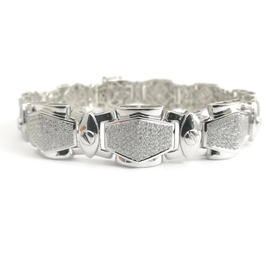 WIDE GEOMETRIC PAVE DIAMOND BRACELET 18K WHITE GOLD: Wide Geometric Pave Diamond Bracelet 18K White Gold Brand: Unbranded Type/Style: Bracelet Material: 18K White Gold, Main Stone Natural Color: Silver Size: Length: 8.5 inchesWidth: 14.2 mm Accessor