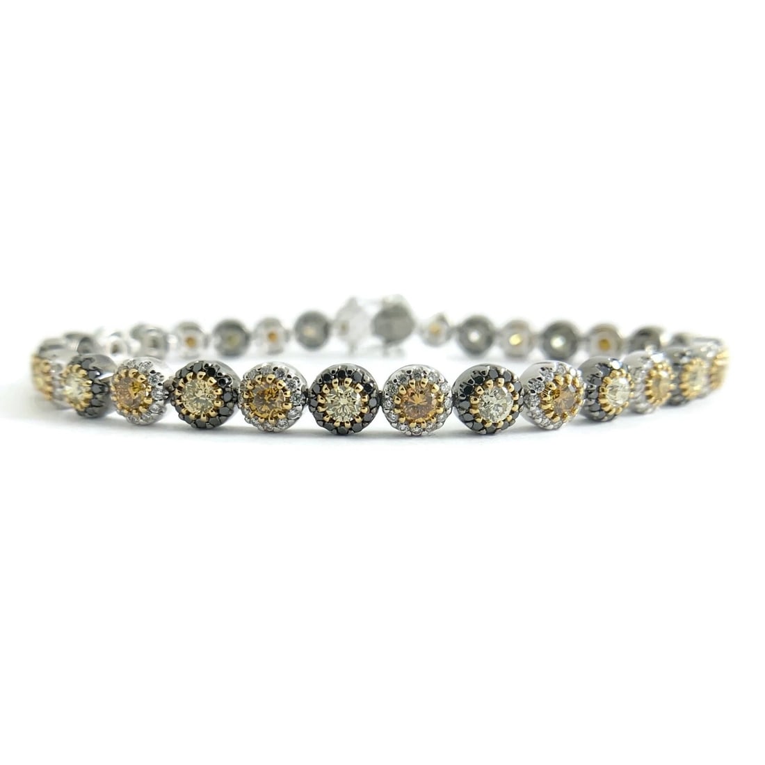 BLACK YELLOW DIAMOND HALO TENNIS BRACELET 18K WHITE GOLD: Black Yellow Diamond Halo Tennis Bracelet 18K White Gold Brand: Unbranded Type/Style: Bracelet Material: 18K White Gold, Main Stone Natural Color: Black Size: Length: 6.75 inchesWidth: 5.3 mm Acce