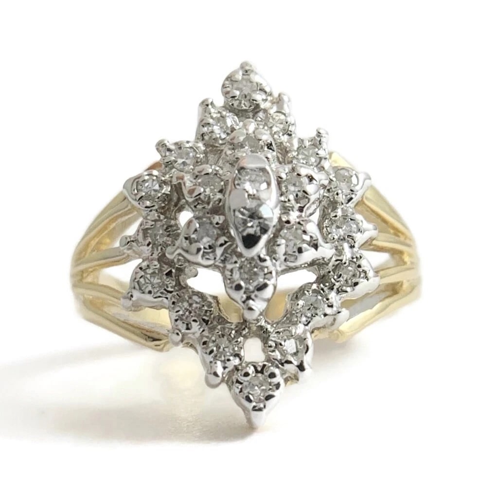DIAMOND CLUSTER RING 14K YELLOW WHITE GOLD: Diamond Cluster Ring 14K Yellow White Gold Brand: Estate Type/Style: Ring Material: 14K Yellow White Gold, Main Stone Natural Color: Gold Size: 6 US Accessories: None Accessories Notice: W