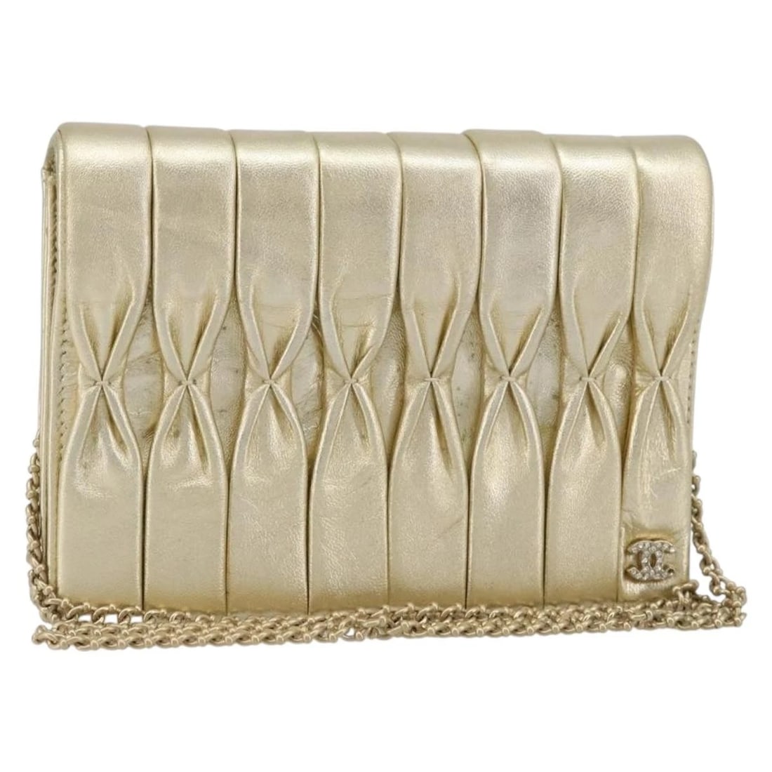 CHANEL CHAIN SHOULDER BAG LAMB SKIN GOLD: CHANEL Chain Shoulder Bag Lamb Skin Gold Brand: CHANEL Type/Style: Shoulder Bag Material: Lamb Skin Color: Gold Size: W6.3 x H4.3 x D1.2inch(Approx) Accessories: None Accessories Notice: W