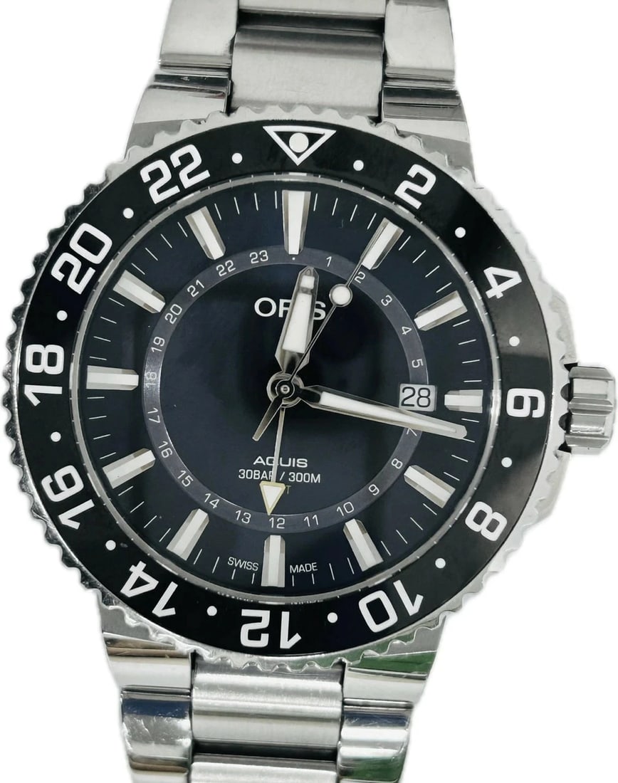 ORIS WATCH AQUIS DATE GMT WATCH: Oris Watch Aquis Date Gmt Watch Brand: ORIS Type/Style: Wristwatch Material: SS Color: BLACK Size: Case size: 43.5mm Wrist size: 21cm Accessories: None Accessories Notice: When purchasing pre-owned