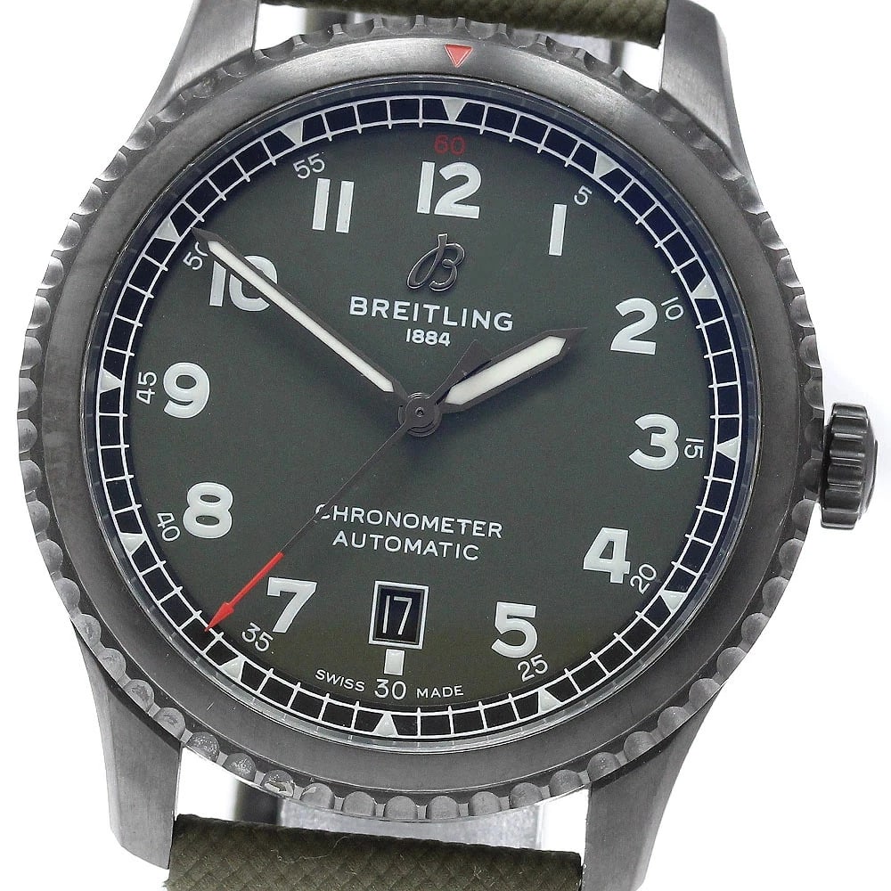 BREITLING WATCH AVIATOR 8 DATE AUTOMATIC WATCH: Breitling Watch Aviator 8 Date Automatic Watch Brand: BREITLING Type/Style: Wristwatch Material: Black Steel Color: KHAKI DIAL Size: Case size: 41mm Wrist size: Approx. 19.5cm Accessories: None