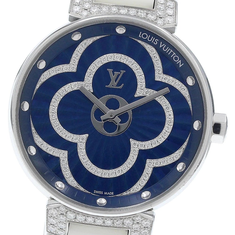 LOUIS VUITTON WATCH TAMBOUR MOON DIVINE DIAMOND WATCH: Louis Vuitton Watch Tambour Moon Divine Diamond Watch Brand: LOUIS VUITTON Type/Style: Wristwatch Material: SS/Leather/Enamel Color: BLUE DIAL Size: Case size: 35mm Wrist size: Approx. 17cm