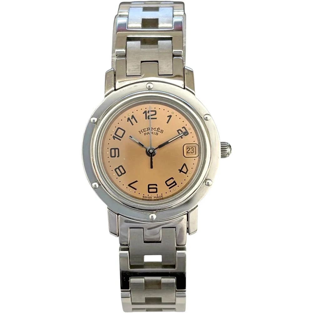 HERMES WATCH CLIPPER QUARTZ DATE PINK DIAL WATCH: Hermes Watch Clipper Quartz Date Pink Dial Watch Brand: HERMES Type/Style: Wristwatch Material: Stainless Steel x 18K Pink Gold Color: PINK DIAL Size: Case size: 23mm Wrist size: 14cm Accessories: