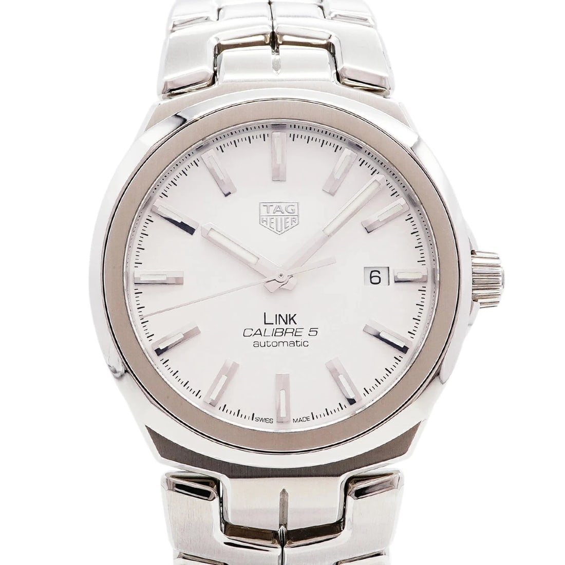 TAG HEUER WATCH LINK CALIBRE 5 DATE WATCH: Tag Heuer Watch Link Calibre 5 Date Watch Brand: TAG HEUER Type/Style: Wristwatch Material: SS Color: SILVER DIAL Size: Case size: 40.6mm Wrist size: Approx. 17cm Accessories: None Accesso