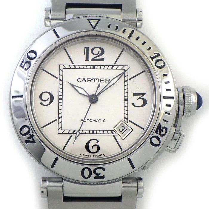 CARTIER WATCH PASHA SEA TIMER WHITE DIAL DATE WATCH: Cartier Watch Pasha Sea Timer White Dial Date Watch Brand: CARTIER Type/Style: Wristwatch Material: SS Color: WHITE DIAL Size: Case size: 40mm Wrist size: Approx. 20.0cm Accessories: None