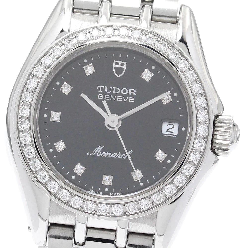 TUDOR WATCH MONARCH DIAMOND BEZEL WATCH: Tudor Watch Monarch Diamond Bezel Watch Brand: TUDOR Type/Style: Wristwatch Material: SS Color: BLACK DIAL Size: Case size: 26mm Wrist size: Approx. 15cm Accessories: None Accessories Noti