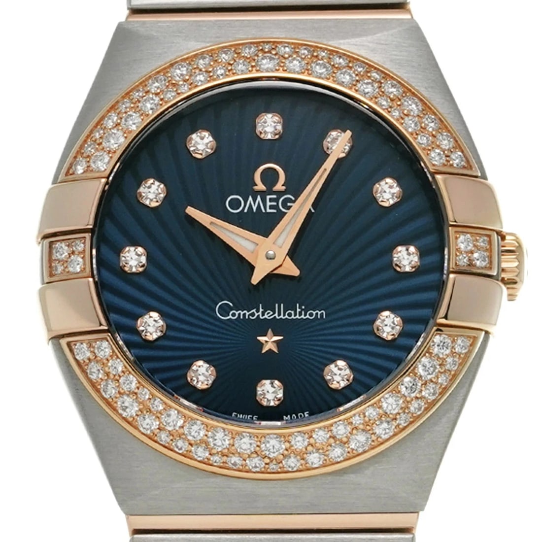 OMEGA WATCH BRUSHED QUARTZ BLUE/DIAMOND WATCH: Omega Watch Brushed Quartz Blue/Diamond Watch Brand: OMEGA Type/Style: Wristwatch Material: SS/Red Gold/Diamond Color: BLUE Size: Case size: 24mm Wrist size: Approx. 16.5cm Accessories: None <