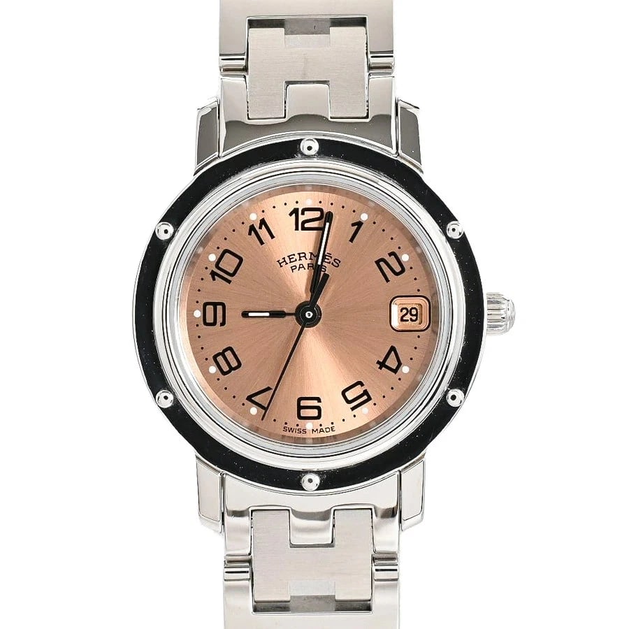 HERMES WATCH CLIPPER QUARTZ DATE PINK DIAL WATCH: Hermes Watch Clipper Quartz Date Pink Dial Watch Brand: HERMES Type/Style: Wristwatch Material: SS Color: PINK DIAL Size: Case size: 24mm Wrist size: Approx. 16.5cm Accessories: None Acces