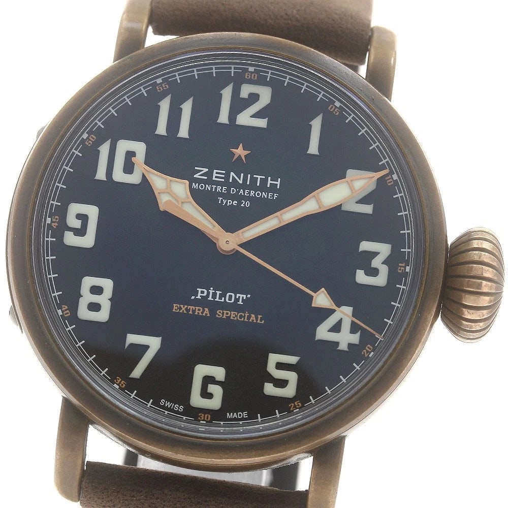 ZENITH WATCH PILOT SPECIAL AUTOMATIC BLACK DIAL WATCH: Zenith Watch Pilot Special Automatic Black Dial Watch Brand: ZENITH Type/Style: Wristwatch Material: Bronze Color: BLACK DIAL Size: Case size: 45mm Wrist size: Approx. 20.5cm Accessories: None