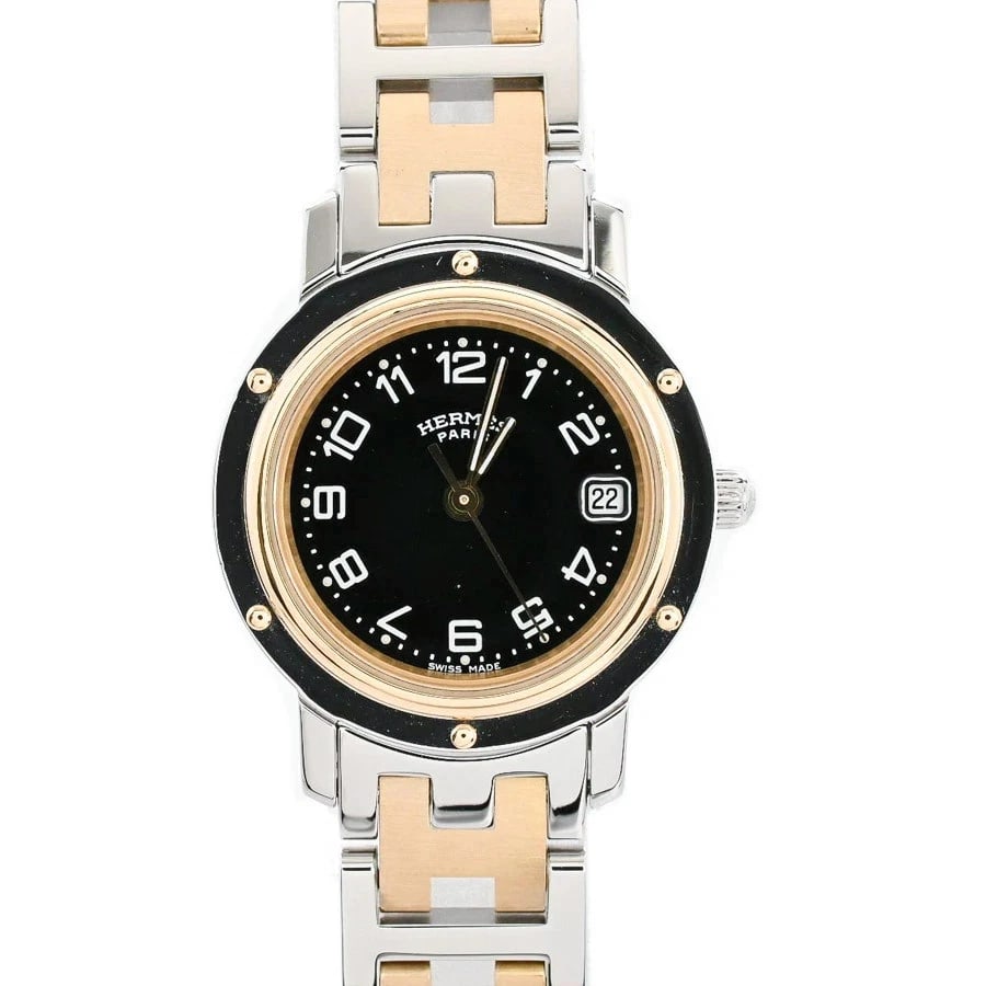 HERMES WATCH CLIPPER QUARTZ DATE BLACK DIAL STAINLESTEEL/GP WO WATCH: Hermes Watch Clipper Quartz Date Black Dial Stainlesteel/Gp Wo Watch Brand: HERMES Type/Style: Wristwatch Material: Stainless steel / Gold plating Color: BLACK DIAL Size: Case size: 24mm Wrist size: A