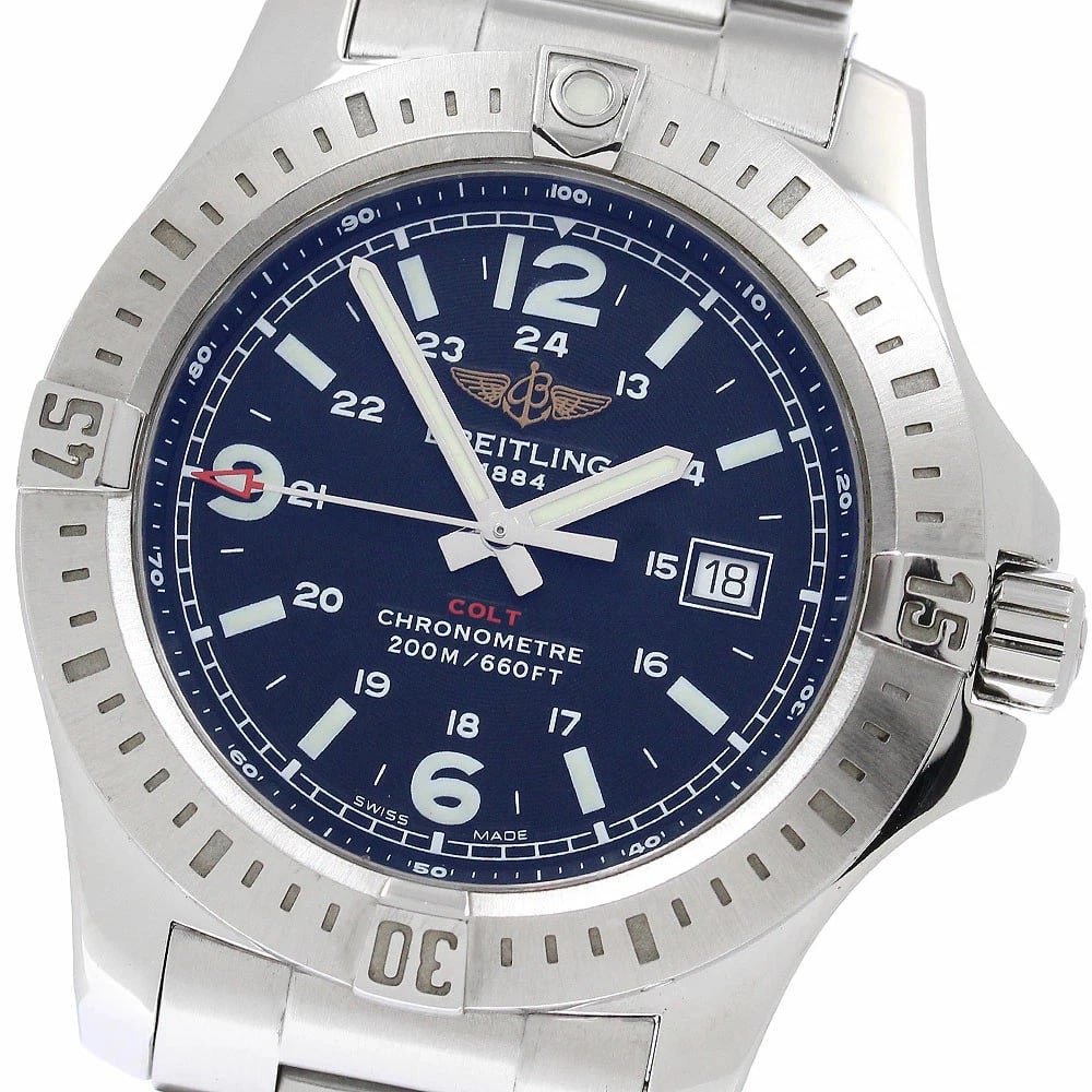 BREITLING WATCH COLT DATE QUARTZ MOVET BLACK WATCH: Breitling Watch Colt Date Quartz Movet Black Watch Brand: BREITLING Type/Style: Wristwatch Material: SS Color: BLACK Size: Case size: 44mm Wrist size: Approx. 20cm Accessories: None Access