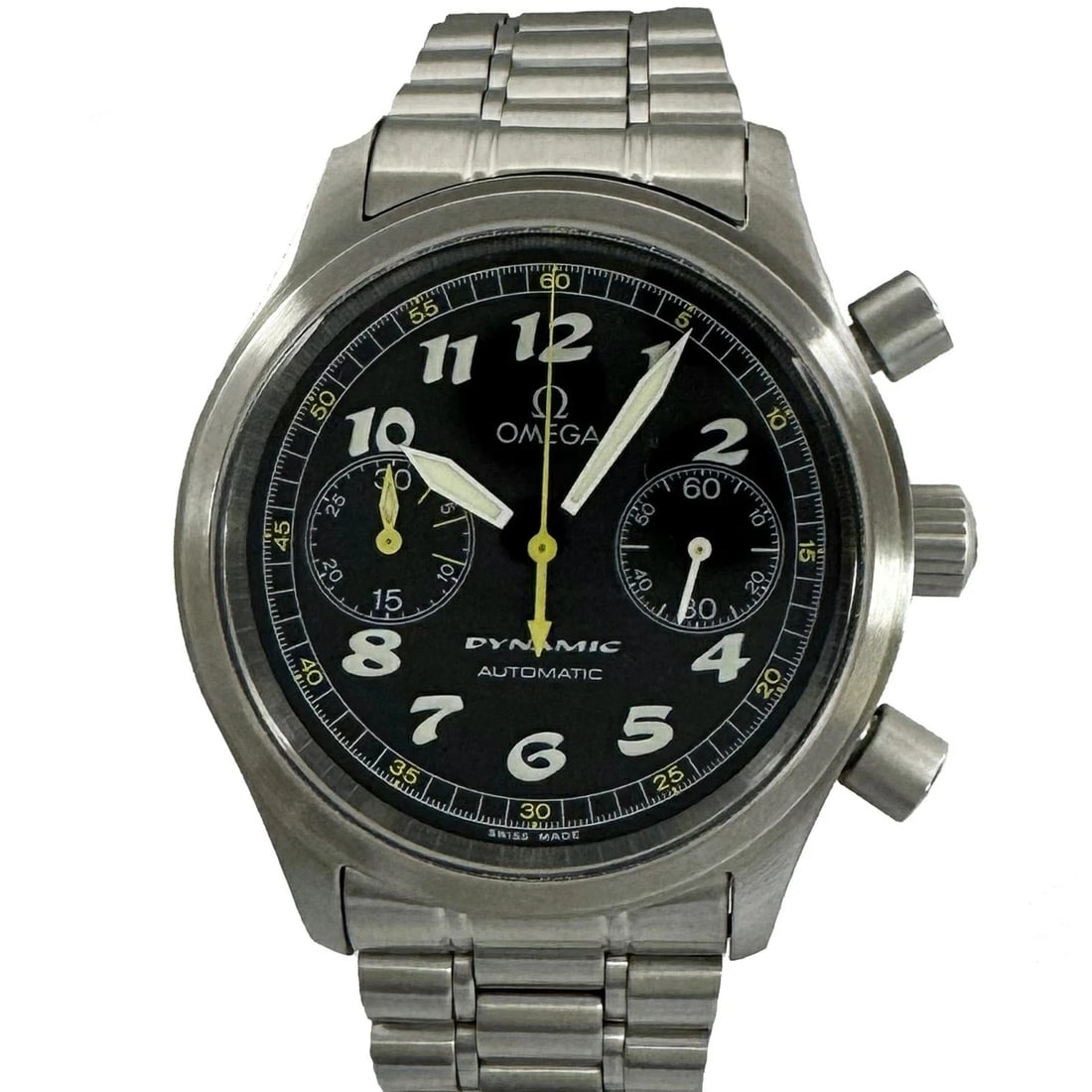 OMEGA DYNAMIC CHRONOGRAPH WATCH AUTOMATIC WATCH: Omega Dynamic Chronograph Watch Automatic Watch Brand: OMEGA Type/Style: Wristwatch Material: Stainless steel Color: BLACK DIAL Size: Case size: 38mm Wrist size: 18cm Accessories: None Accessories