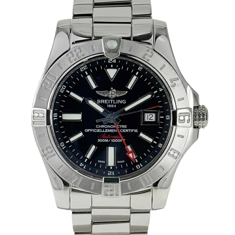 BREITLING WATCH AVENGER GMT AUTOMATIC BLACK DIAL WATCH: Breitling Watch Avenger Gmt Automatic Black Dial Watch Brand: BREITLING Type/Style: Wristwatch Material: SS Color: BLACK DIAL Size: Case size: 43mm Wrist size: Approx. 17.0cm Accessories: None