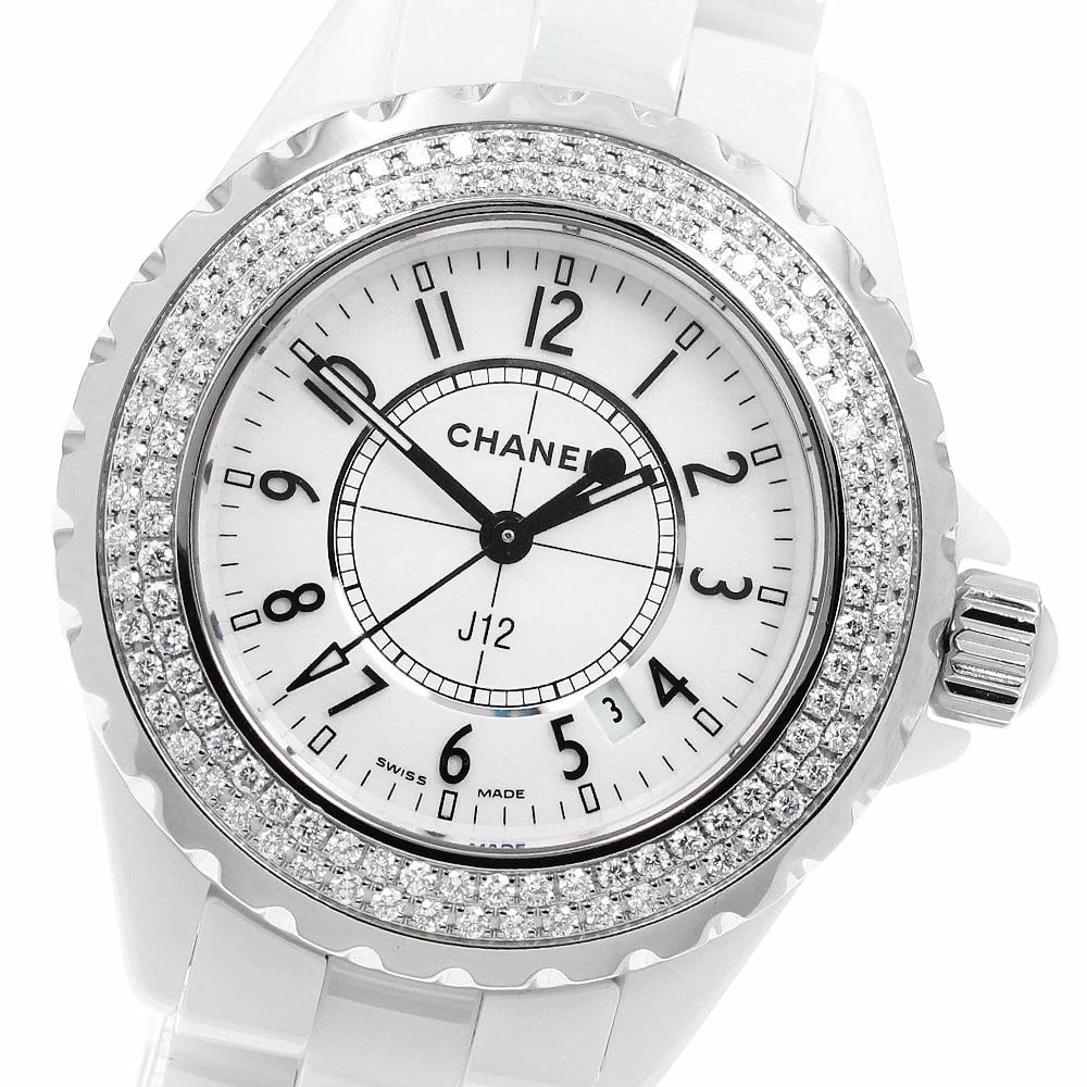 CHANEL WATCH J12 DIAMOND BEZEL WHITE CERAMIC WATCH: Chanel Watch J12 Diamond Bezel White Ceramic Watch Brand: CHANEL Type/Style: Wristwatch Material: Ceramic/Stainless Steel Color: WHITE Size: Case size: 33mm Wrist size: Approx. 16cm Accessories: N