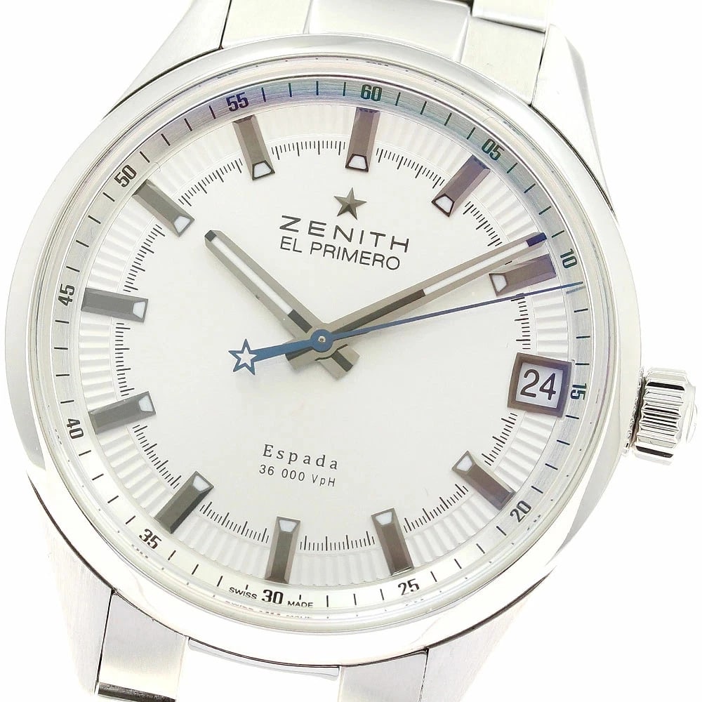 ZENITH WATCH EL PRIMERO ESPADA DATE AUTOMATIC WATCH: Zenith Watch El Primero Espada Date Automatic Watch Brand: ZENITH Type/Style: Wristwatch Material: SS Color: SILVER DIAL Size: Case size: 40mm Wrist size: Approx. 19.5cm Accessories: None