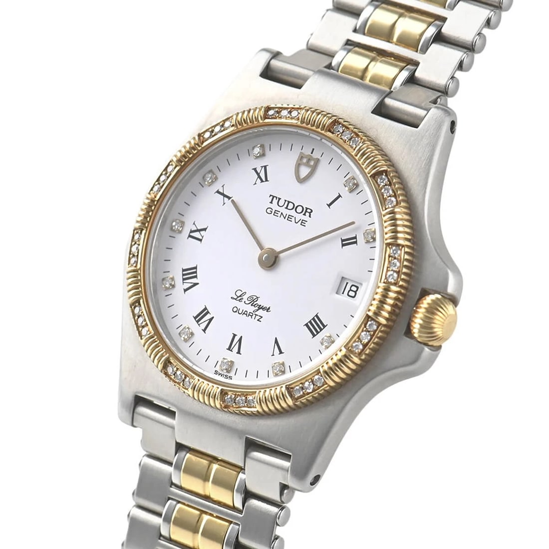 TUDOR WATCH LE ROYER QUARTZ DATE STAINLESS STEEL WATCH: Tudor Watch Le Royer Quartz Date Stainless Steel Watch Brand: TUDOR Type/Style: Wristwatch Material: Stainless Steel & Yellow Gold Color: None Size: Case size: 32mm Accessories: None Acces