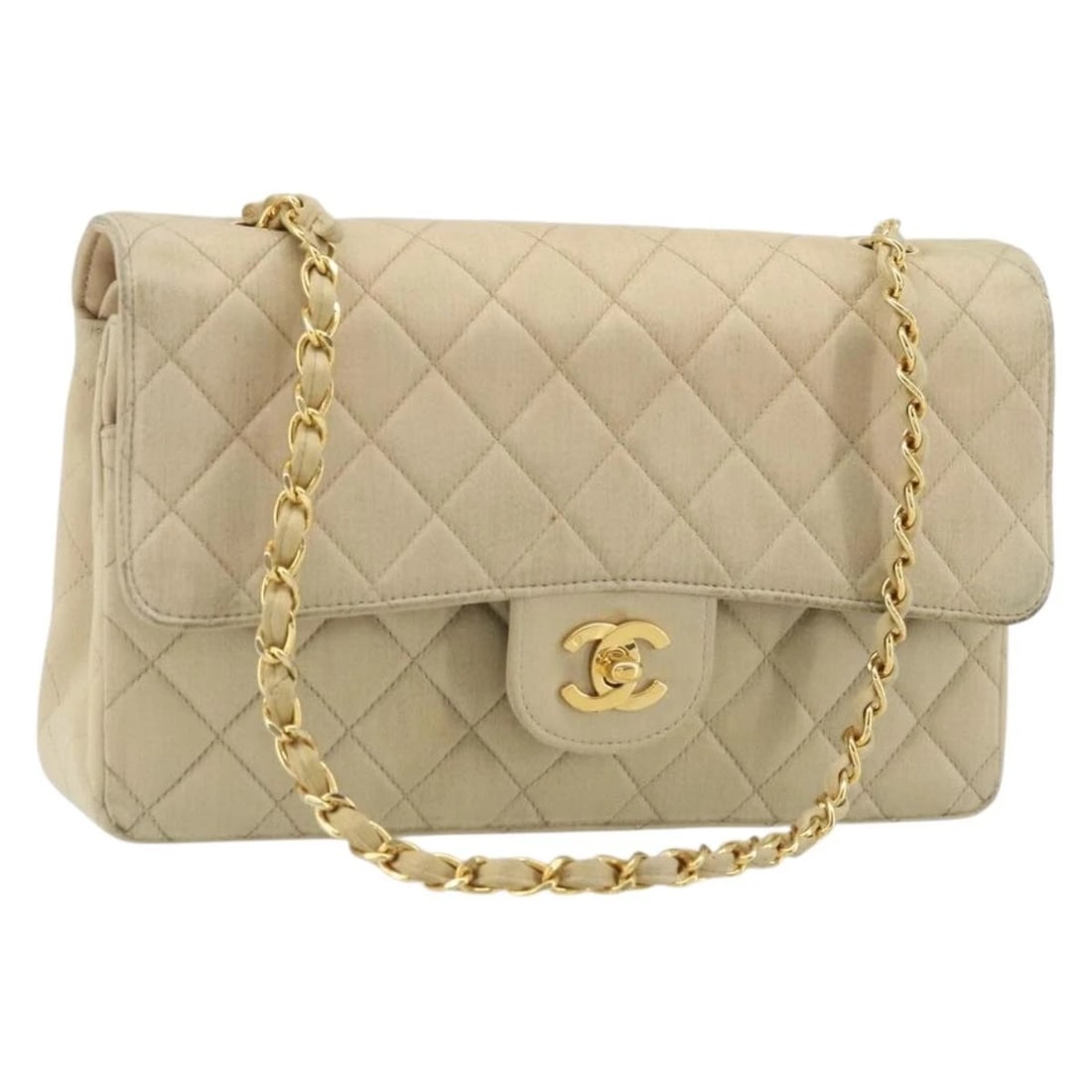 CHANEL DOUBLE FLAP DOUBLE CHAIN MATELASSE 25 BAG: CHANEL Double Flap Double Chain Matelasse 25 Bag Brand: CHANEL Type/Style: Shoulder Bag Material: Satin Color: Beige/Gold Size: W9.8 x H5.9 x D2.4inch(Approx) Accessories: None Accessories
