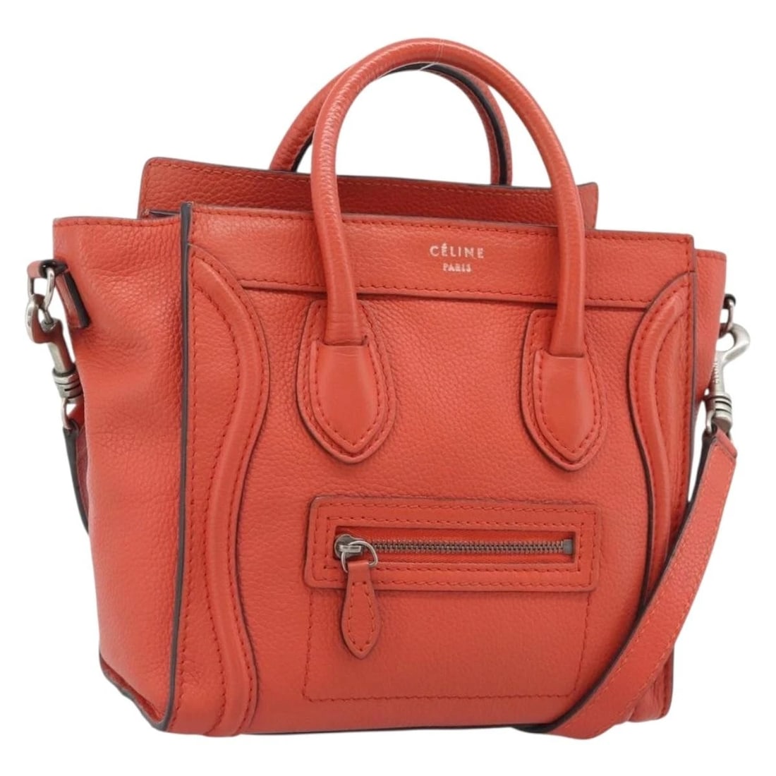 CELINE LUGGAGE NANO SHOPPER HAND BAG LEATHER: CELINE Luggage Nano Shopper Hand Bag Leather Brand: CELINE Type/Style: Hand Bag Material: Leather Color: Orange/Silver Size: W7.9 x H7.9 x D3.5inch(Approx) Accessories: None Accessories No