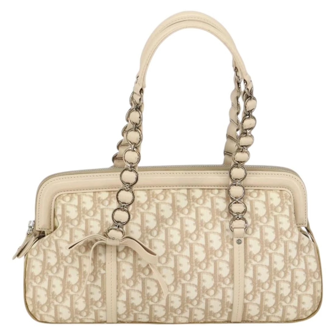 CHRISTIAN DIOR TROTTER CANVAS ROMANTIC TOTE BAG: Christian Dior Trotter Canvas Romantic Tote Bag Brand: Christian Dior Type/Style: Tote Bag Material: PVC Leather/Trotter Canvas Color: Beige/Silver Size: W13.4 x H7.5 x D4.3inch(Approx) Accessorie