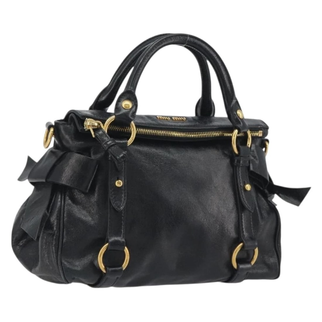 MIU MIU HAND BAG LEATHER BLACK GOLD TONE: Miu Miu Hand Bag Leather Black Gold Tone Brand: Miu Miu Type/Style: Hand Bag Material: Leather Color: Black/Gold Tone Size: W10.2 x H6.3 x D5.9inch(Approx) Accessories: None Accessories No