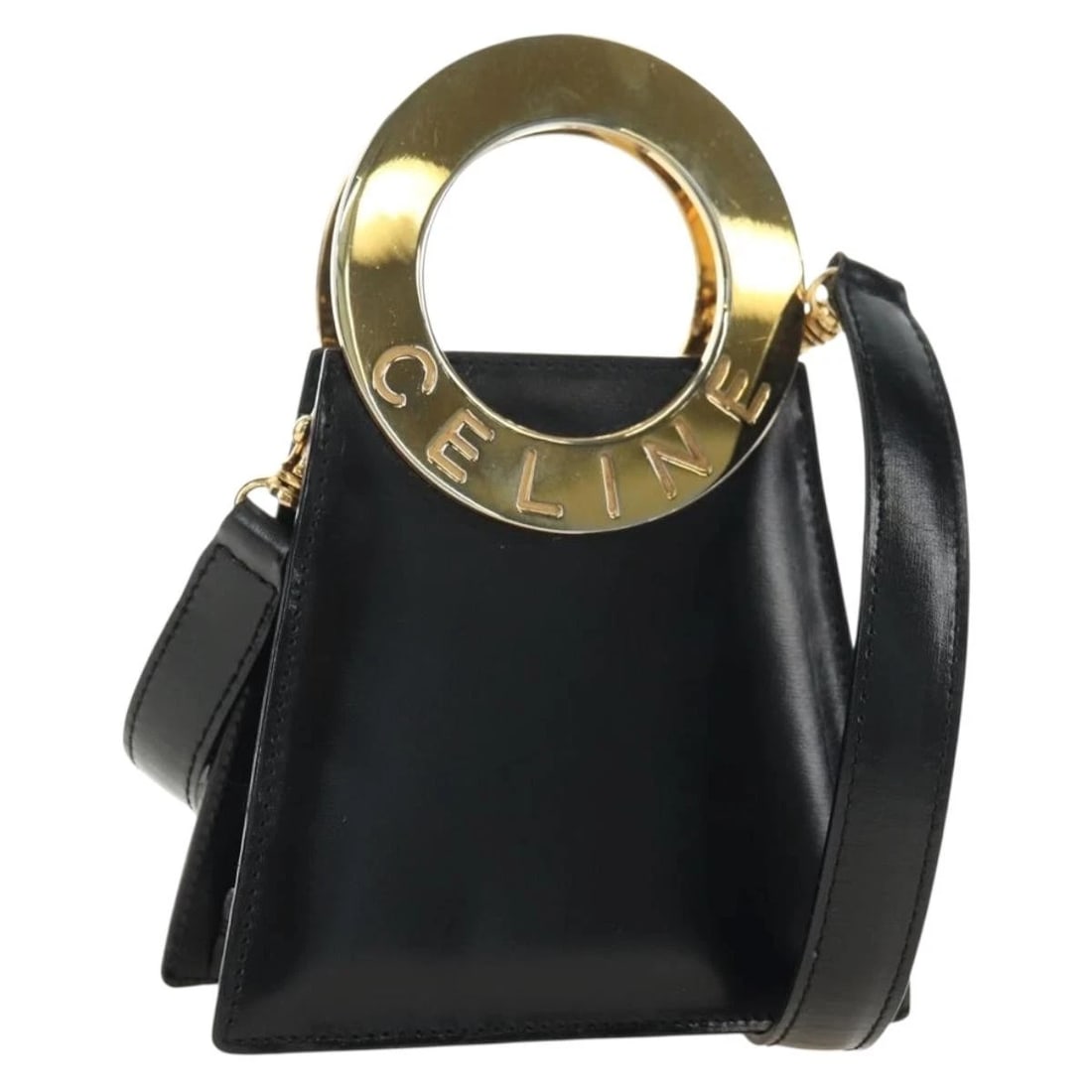 CELINE CIRCLE SHOULDER BAG LEATHER: CELINE Circle Shoulder Bag Leather Brand: CELINE Type/Style: Shoulder Bag Material: leather Color: Black/Gold Size: W4.3 x H4.3 x D1.6inch Accessories: None Accessories Notice: When purcha