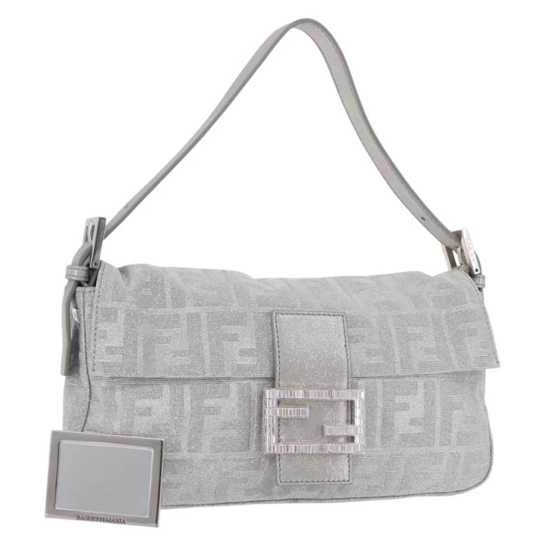 FENDI ZUCCA CANVAS MAMMA BAGUETTE RHINESTONE SHOULDER BAG: FENDI Zucca Canvas Mamma Baguette Rhinestone Shoulder Bag Brand: FENDI Type/Style: Shoulder Bag Material: Zucca Canvas Color: Silver Size: W9.8 x H5.1 x D1.2inch Accessories: None Accessor