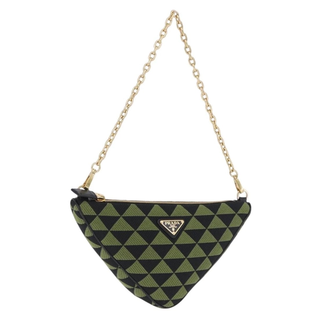 PRADA CHAIN TRIANGLE SHOULDER BAG CANVAS: PRADA Chain Triangle Shoulder Bag Canvas Brand: PRADA Type/Style: Shoulder Bag Material: Canvas Color: Green/Gold Size: W11.4 x H5.9 x D2.0inch Accessories: None Accessories Notice: When p