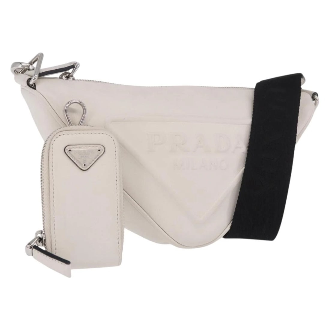 PRADA SHOULDER BAG LEATHER WHITE SILVER: PRADA Shoulder Bag Leather White Silver Brand: PRADA Type/Style: Shoulder Bag Material: Leather Color: White/Silver Size: W9.8 x H5.5 x D3.5inch Accessories: None Accessories Notice: When purchasing