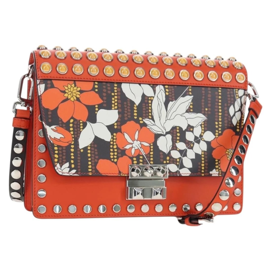 PRADA SHOULDER BAG LEATHER ORANGE SILVER: PRADA Shoulder Bag Leather Orange Silver Brand: PRADA Type/Style: Shoulder Bag Material: Leather Color: Orange/Silver Size: W9.1 x H6.7 x D1.6inch Accessories: None Accessories Notice: Whe