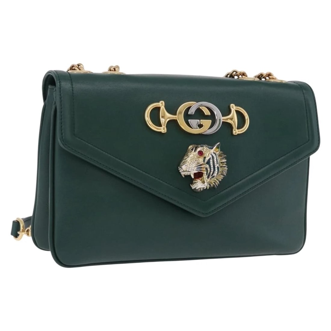 GUCCI RAJAH CHAIN SHOULDER BAG LEATHER GREEN GOLD: GUCCI Rajah Chain Shoulder Bag Leather Green Gold Brand: GUCCI Type/Style: Shoulder Bag Material: Leather Color: Green/Gold Size: W10.6 x H7.1 x D1.6inch Accessories: None Accessories Noti