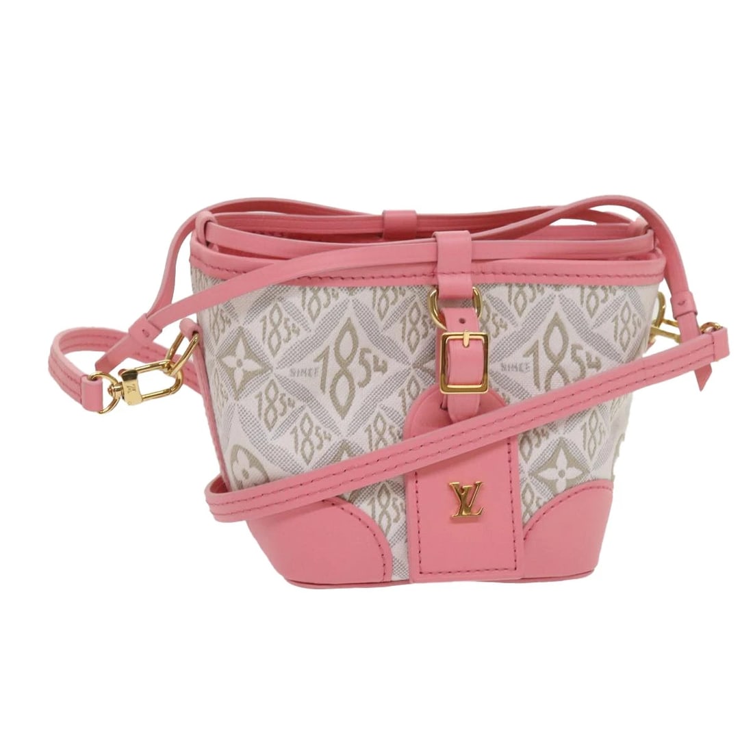 LOUIS VUITTON PRE OWNED 1854 PRINT NOE PERTH BAG: LOUIS VUITTON Pre Owned 1854 Print Noe Perth Bag Brand: LOUIS VUITTON Type/Style: Shoulder Bag Material: Canvas Color: Pink Size: W4.3 x H4.3 x D4.3inch Accessories: None Accessories Notic