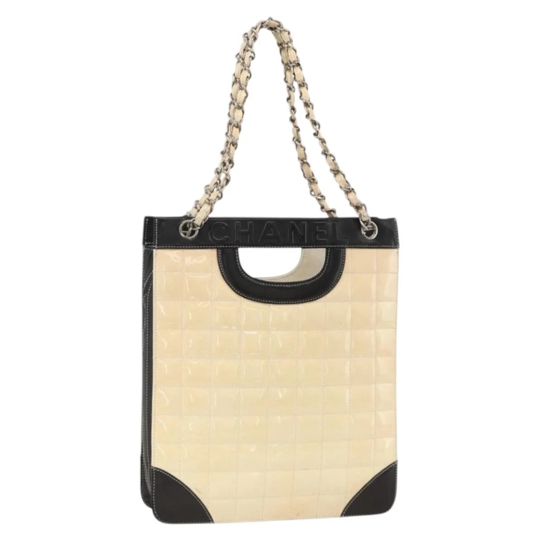 CHANEL CHOCO BAR CHAIN SHOULDER BAG: CHANEL Choco Bar Chain Shoulder Bag Brand: CHANEL Type/Style: Tote Bag Material: Patent Leather Color: Beige/Silver Size: W10.6 x H12.6 x D1.2inch Accessories: None Accessories Notice: Whe