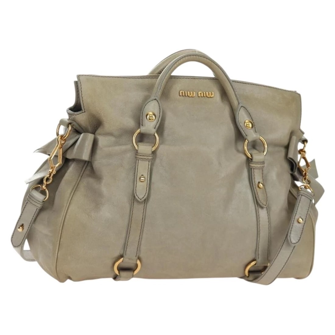 MIU MIU HAND BAG LEATHER 2WAY GRAY GOLD: Miu Miu Hand Bag Leather 2way Gray Gold Brand: Miu Miu Type/Style: Hand Bag Material: Leather Color: Gray/Gold Size: W13.8 x H9.8 x D6.7inch Accessories: None Accessories Notice: When purc