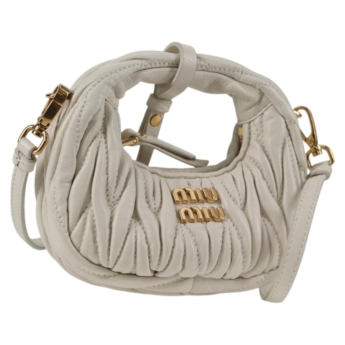 MIU MIU MATELASSE MINI SHOULDER BAG LEATHER WHITE GOLD: Miu Miu Matelasse Mini Shoulder Bag Leather White Gold Brand: Miu Miu Type/Style: Shoulder Bag Material: Leather Color: White/Gold Size: W4.7 x H2.4 x D1.8inch Accessories: None Accessorie