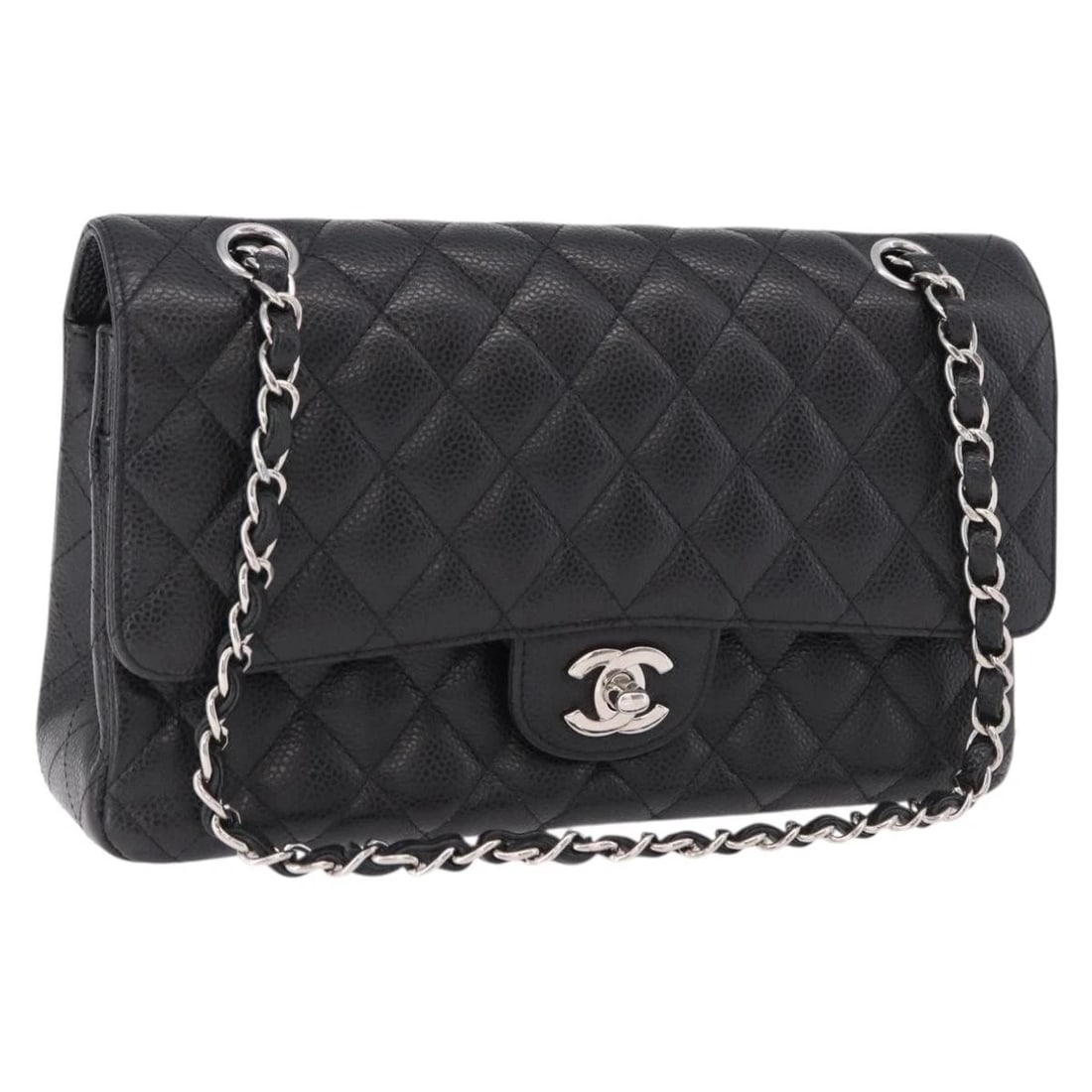 CHANEL CHAIN MATELASSE 25 BAG GRAINED CALF SKIN: CHANEL Chain Matelasse 25 Bag Grained Calf Skin Brand: CHANEL Type/Style: Shoulder Bag Material: Caviar Skin Color: Black/Silver Size: W9.8 x H6.3 x D2.4inch Accessories: None Accessories
