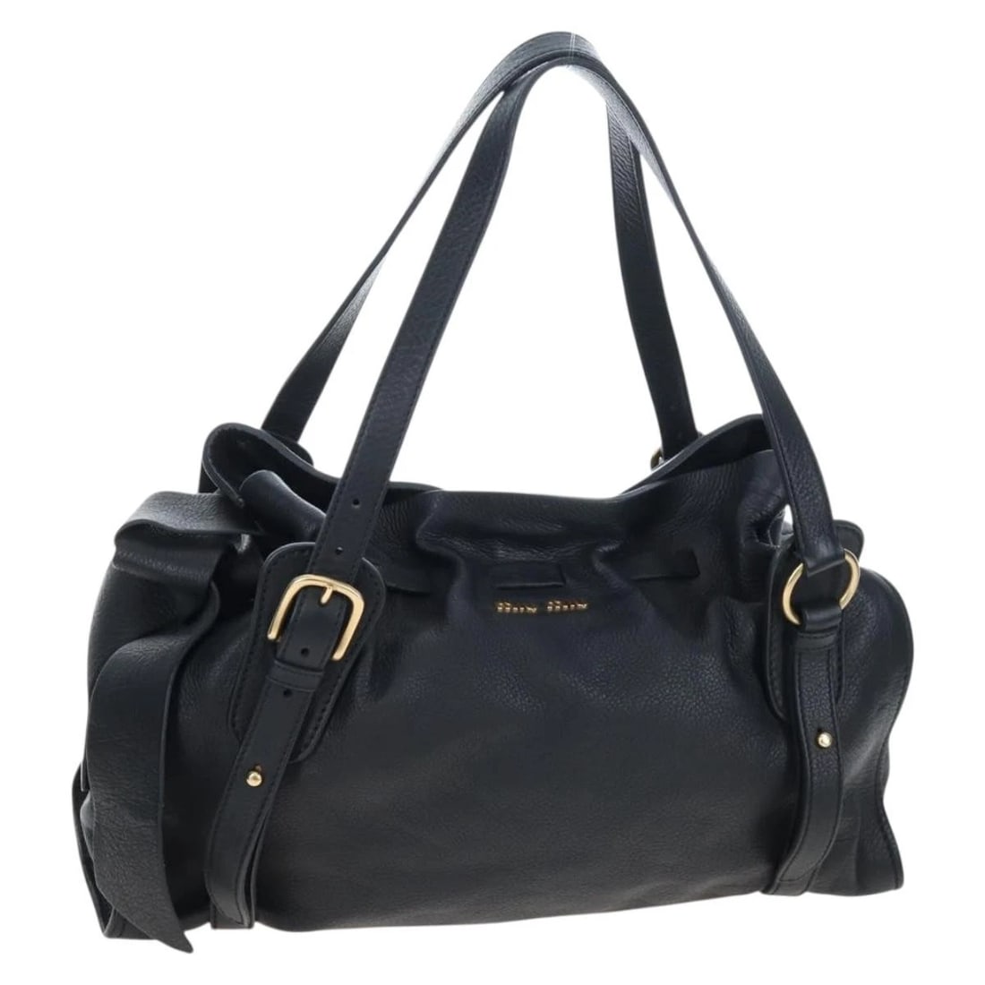 MIU MIU SIDE RIBBON TOTE BAG LEATHER BLACK GOLD: Miu Miu Side Ribbon Tote Bag Leather Black Gold Brand: Miu Miu Type/Style: Tote Bag Material: Leather Color: Black/Gold Size: W17.3 x H12.6 x D5.5inch Accessories: None Accessories Notice: