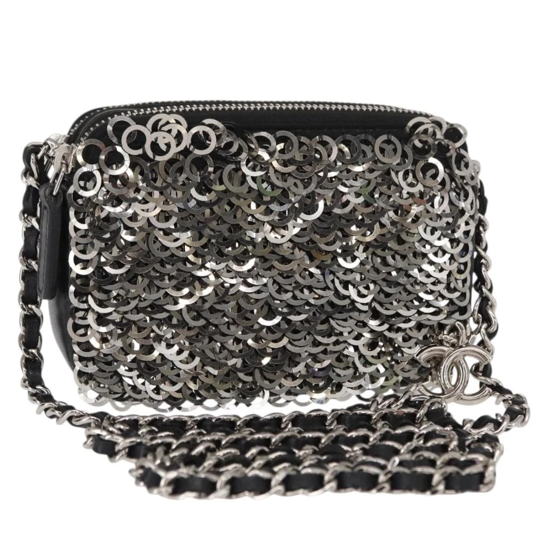 CHANEL CHAIN SHOULDER BAG SEQUIN BLACK SILVER: CHANEL Chain Shoulder Bag Sequin Black Silver Brand: CHANEL Type/Style: Shoulder Bag Material: Canvas Color: Black/Silver Size: W5.1 x H3.5 x D1.2inch Accessories: None Accessories Notice:
