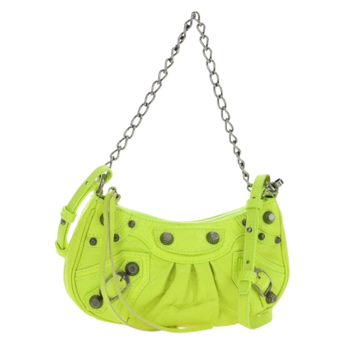 BALENCIAGA CHAIN LE CAGOLE MINI BAG LEATHER: BALENCIAGA Chain Le Cagole Mini Bag Leather Brand: BALENCIAGA Type/Style: Shoulder Bag Material: leather Color: Green/Silver Size: W7.9 x H3.9 x D1.6inch Accessories: None Accessories Noti