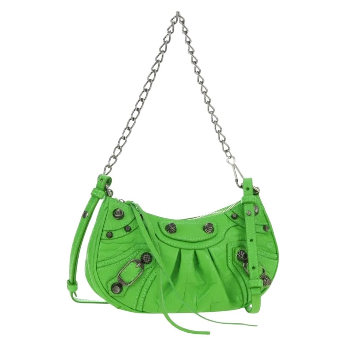BALENCIAGA CHAIN LE CAGOLE MINI BAG LEATHER: BALENCIAGA Chain Le Cagole Mini Bag Leather Brand: BALENCIAGA Type/Style: Shoulder Bag Material: leather Color: Green/Silver Size: W7.9 x H3.9 x D1.6inch Accessories: None Accessories Noti