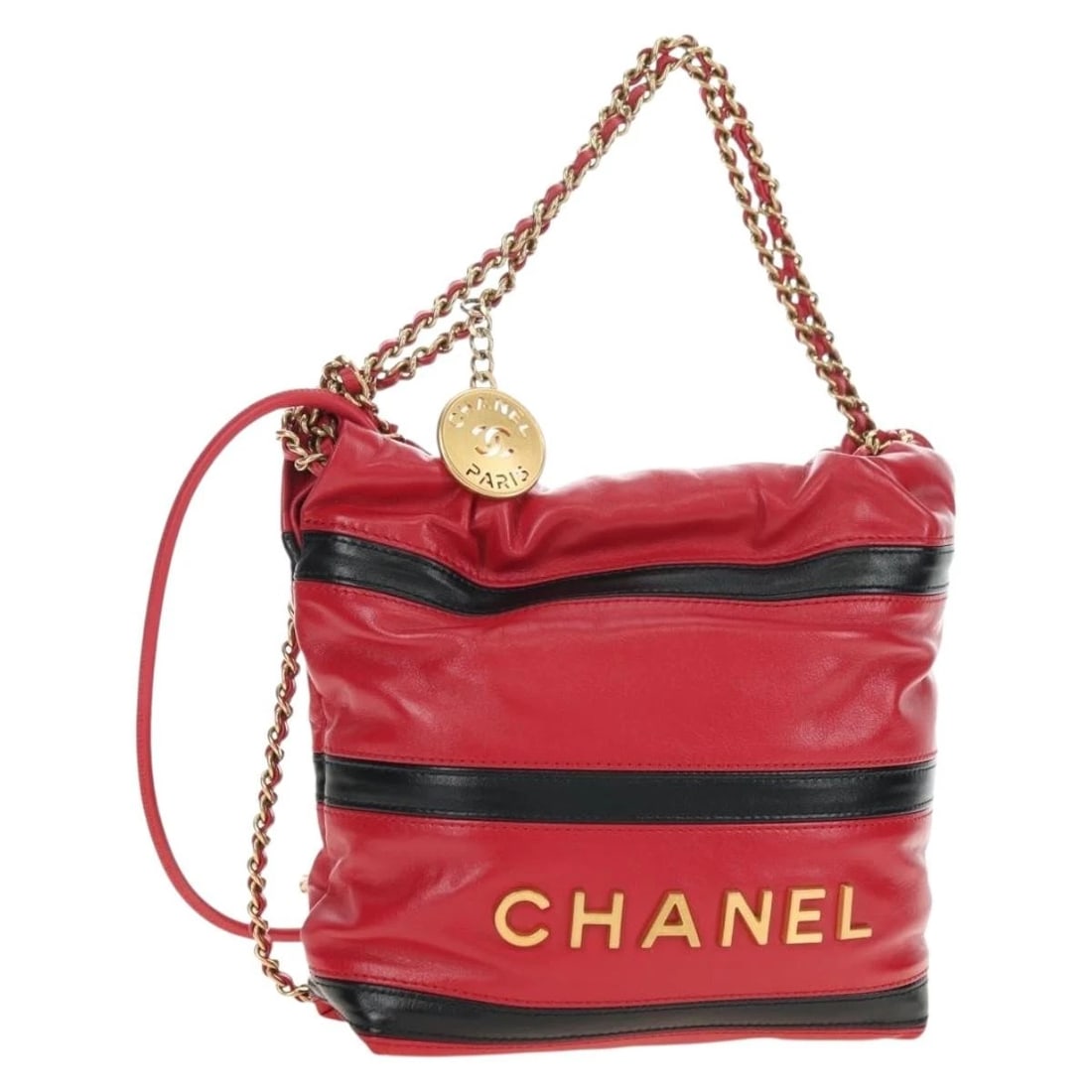 CHANEL CHAIN CHANEL 22 MINI BAG: CHANEL Chain Chanel 22 Mini Bag Brand: CHANEL Type/Style: Shoulder Bag Material: Lamb Skin Color: Red/Gold Size: W7.1 x H7.1 x D2.4inch Accessories: None Accessories Notice: When purchasin