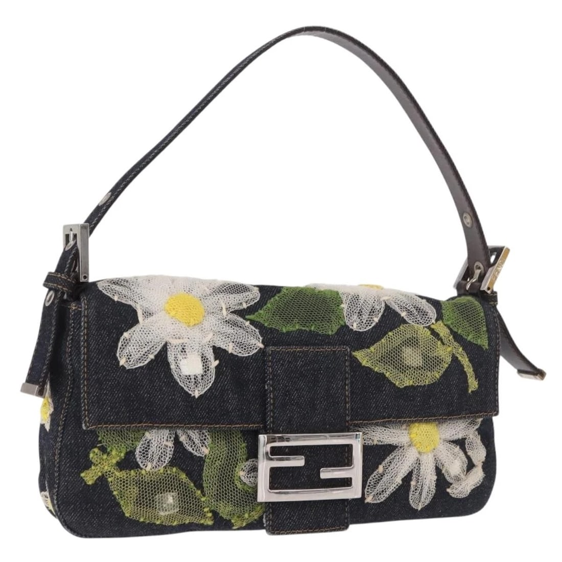FENDI MAMMA BAGUETTE BAG DENIM FLOWER: FENDI Mamma Baguette Bag Denim Flower Brand: FENDI Type/Style: Shoulder Bag Material: Canvas Color: Navy/Silver Size: W10.6 x H5.9 x D1.6inch Accessories: None Accessories Notice: When purchasing
