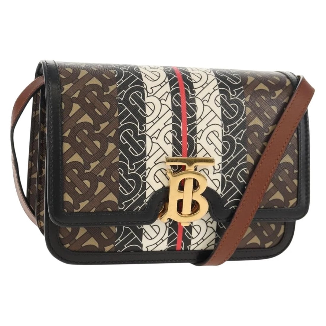 BURBERRY TB MONOGRAM SHOULDER BAG: BURBERRY TB Monogram Shoulder Bag Brand: BURBERRY Type/Style: Shoulder Bag Material: PVC Leather Color: Gold/Brown Size: W8.3 x H5.1 x D3.5inch Accessories: None Accessories Notice: When purchasing