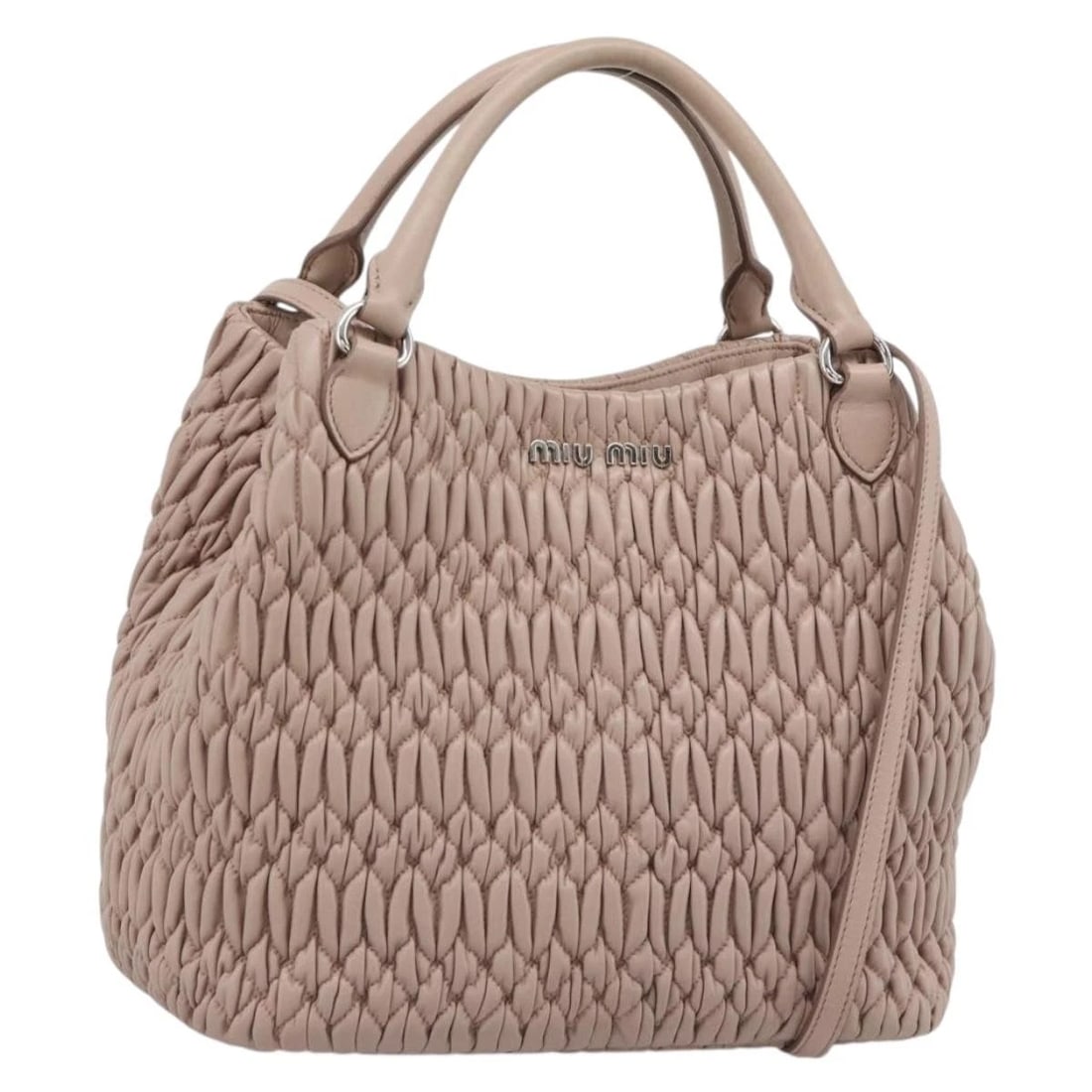 MIU MIU MATELASSE HAND BAG LEATHER: Miu Miu Matelasse Hand Bag Leather Brand: Miu Miu Type/Style: Hand Bag Material: Leather Color: Pink/Silver Size: W9.4 x H9.1 x D5.9inch Accessories: None Accessories Notice: When purchasi