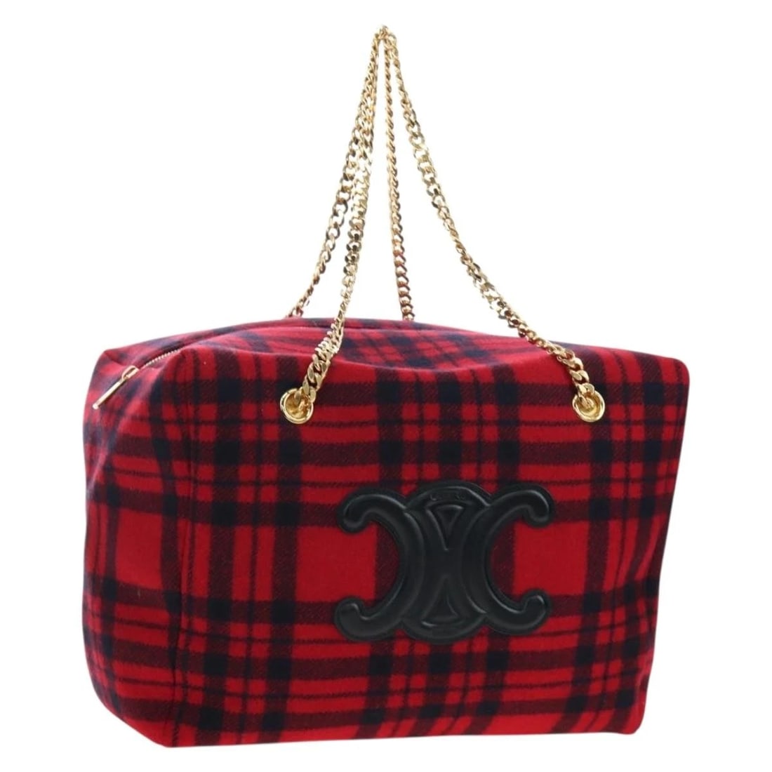 CELINE TRIOMPHE CHAIN LARGE PLIAGE PATAPAN BAG: CELINE Triomphe Chain Large Pliage Patapan Bag Brand: CELINE Type/Style: Shoulder Bag Material: Wool Color: Red/Gold Size: W13.0 x H10.2 x D5.5inch Accessories: None Accessories Notice: Wh